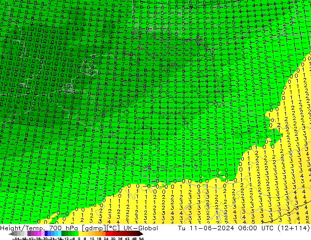 Height/Temp. 700 hPa UK-Global Ter 11.06.2024 06 UTC