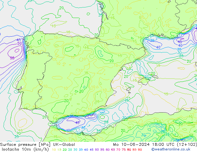 Isotachs (kph) UK-Global пн 10.06.2024 18 UTC