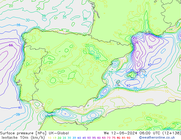 Eşrüzgar Hızları (km/sa) UK-Global Çar 12.06.2024 06 UTC