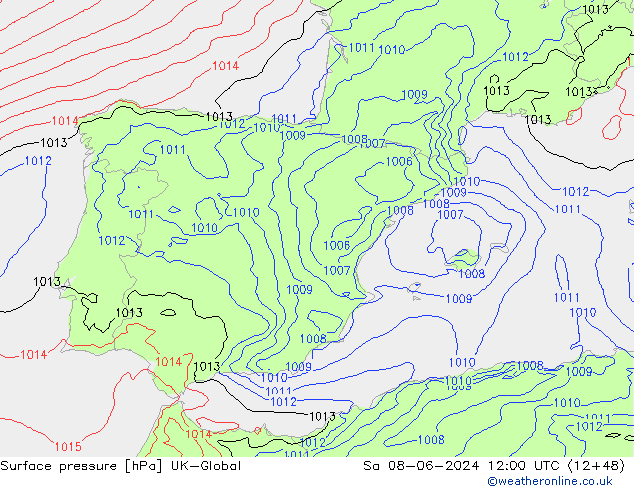 Presión superficial UK-Global sáb 08.06.2024 12 UTC