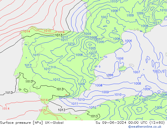 Pressione al suolo UK-Global dom 09.06.2024 00 UTC