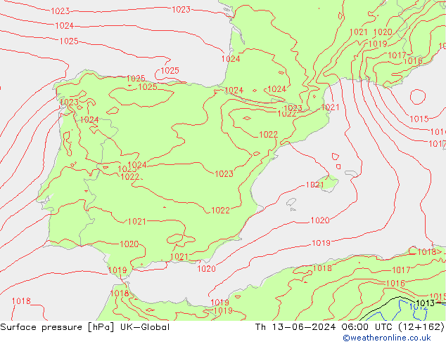 Surface pressure UK-Global Th 13.06.2024 06 UTC