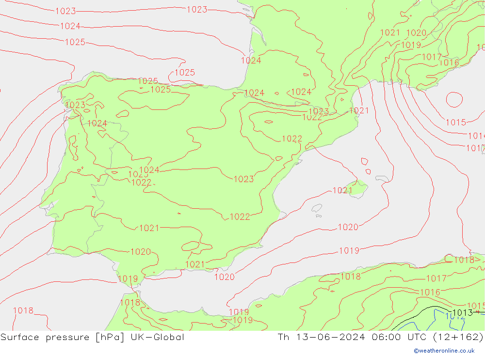 Surface pressure UK-Global Th 13.06.2024 06 UTC