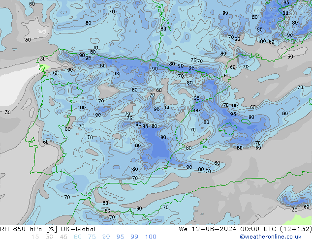 RH 850 hPa UK-Global We 12.06.2024 00 UTC