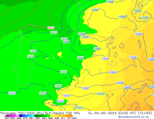 Thck 700-1000 гПа UK-Global Вс 09.06.2024 03 UTC