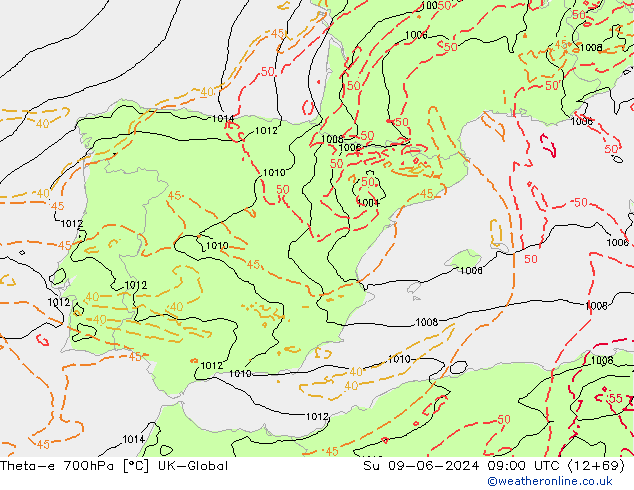Theta-e 700hPa UK-Global So 09.06.2024 09 UTC