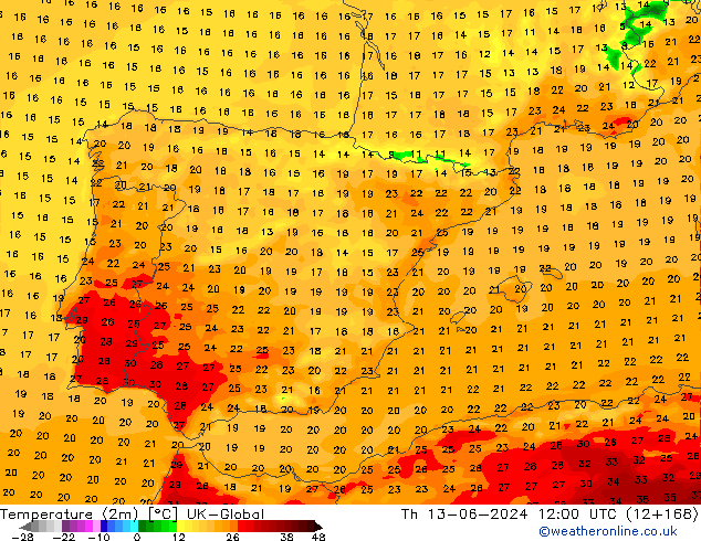 Temperature (2m) UK-Global Th 13.06.2024 12 UTC