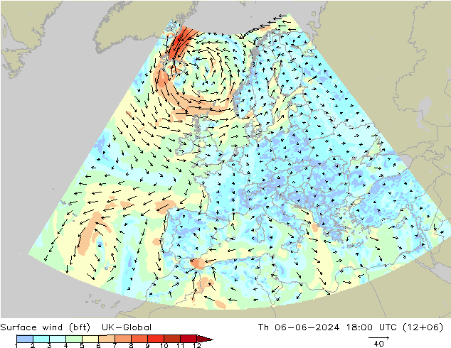 Wind 10 m (bft) UK-Global do 06.06.2024 18 UTC