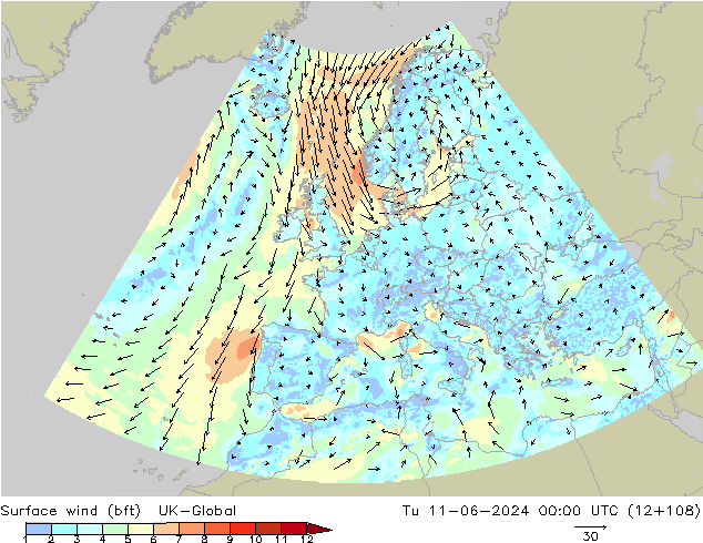 Vent 10 m (bft) UK-Global mar 11.06.2024 00 UTC