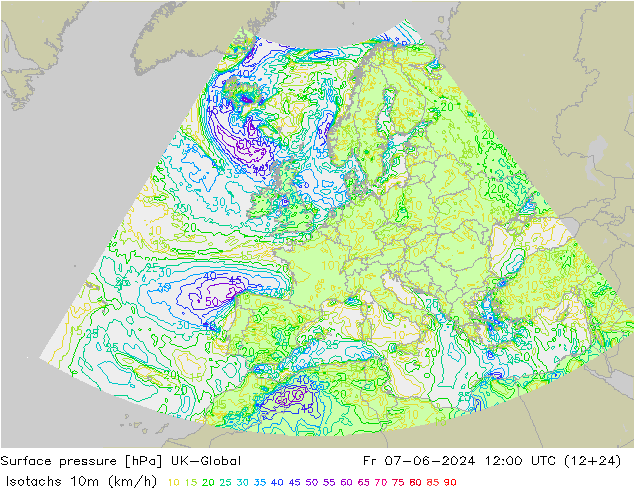 Isotachs (kph) UK-Global ven 07.06.2024 12 UTC