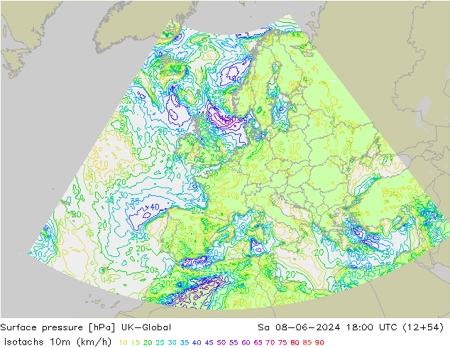 Isotachs (kph) UK-Global Sa 08.06.2024 18 UTC