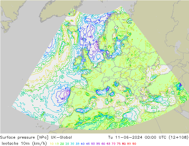 Isotachen (km/h) UK-Global Di 11.06.2024 00 UTC