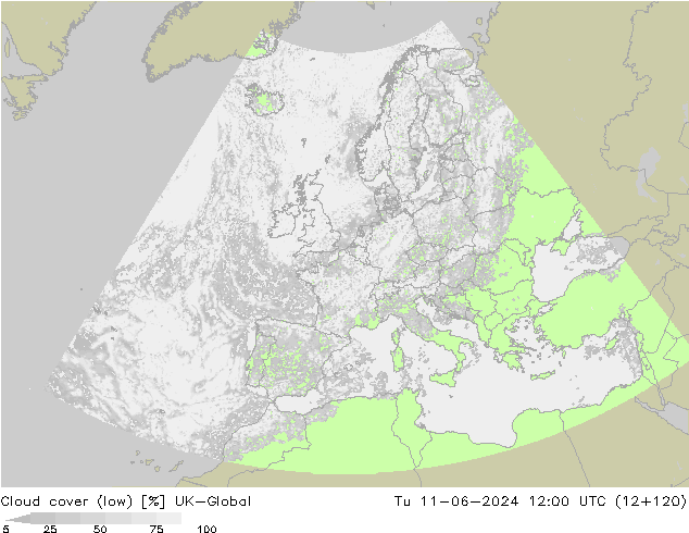 Cloud cover (low) UK-Global Tu 11.06.2024 12 UTC