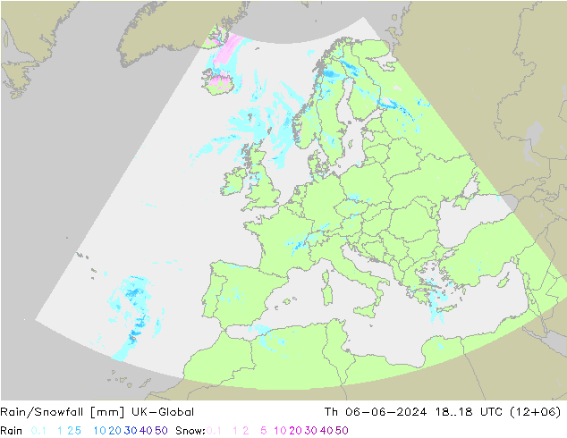 Rain/Snowfall UK-Global czw. 06.06.2024 18 UTC