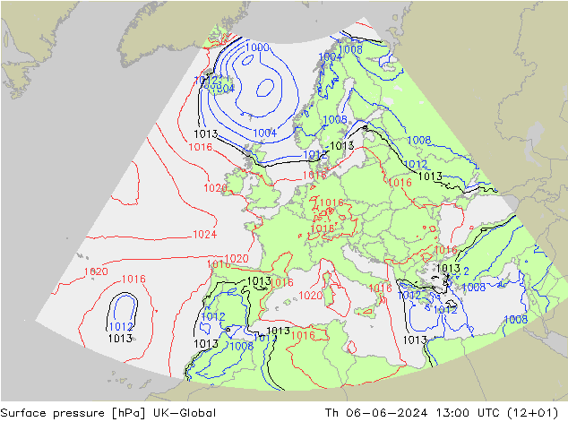 地面气压 UK-Global 星期四 06.06.2024 13 UTC