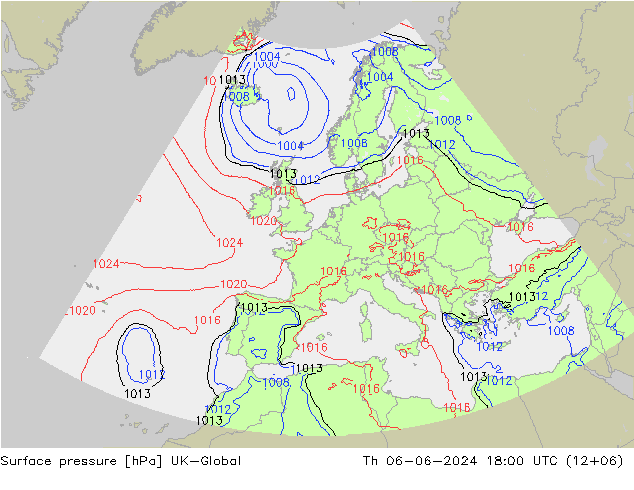 Pressione al suolo UK-Global gio 06.06.2024 18 UTC