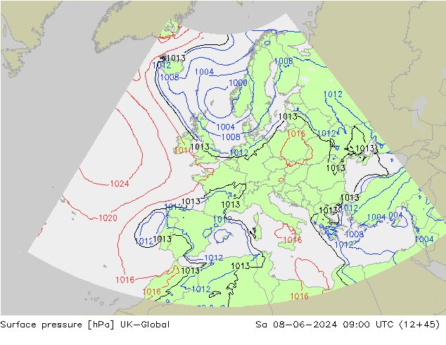 Atmosférický tlak UK-Global So 08.06.2024 09 UTC