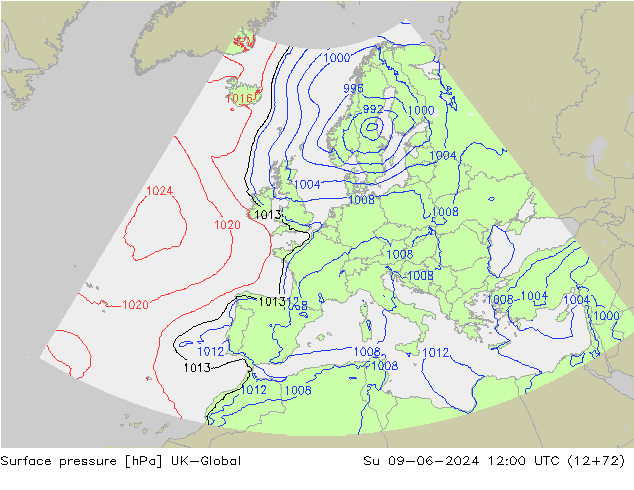 Pressione al suolo UK-Global dom 09.06.2024 12 UTC