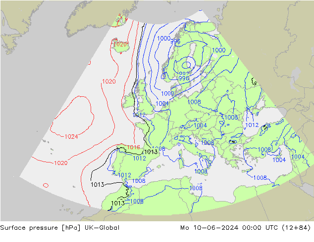 Surface pressure UK-Global Mo 10.06.2024 00 UTC