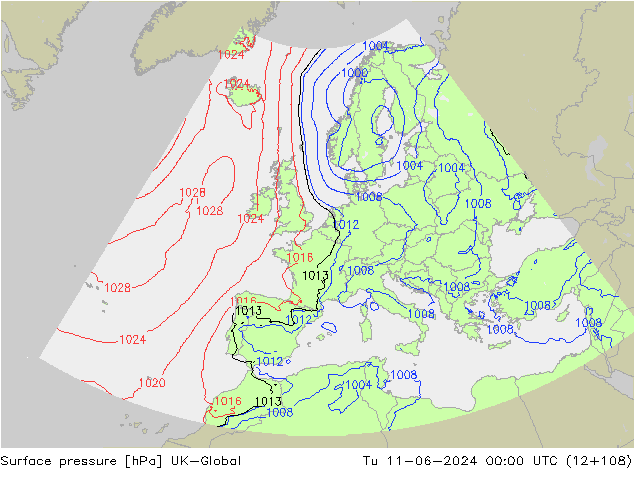 Surface pressure UK-Global Tu 11.06.2024 00 UTC