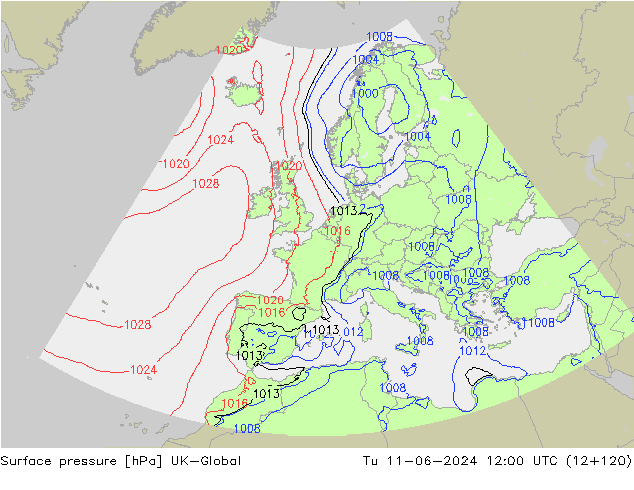 Surface pressure UK-Global Tu 11.06.2024 12 UTC