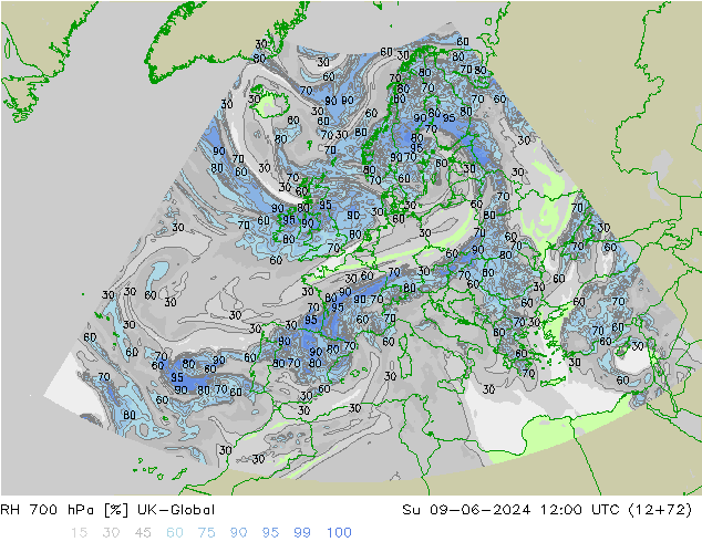 RH 700 hPa UK-Global Su 09.06.2024 12 UTC