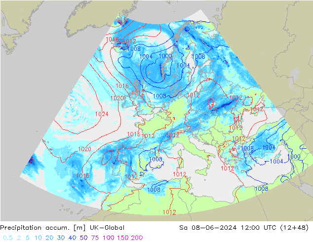 Precipitation accum. UK-Global  08.06.2024 12 UTC