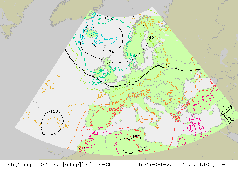 Height/Temp. 850 гПа UK-Global чт 06.06.2024 13 UTC