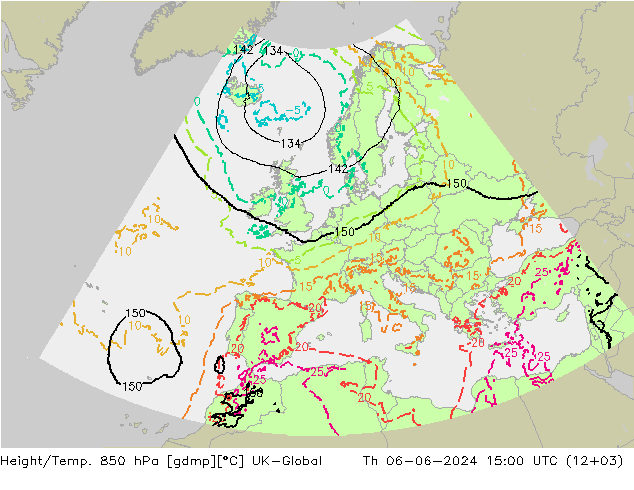 Height/Temp. 850 hPa UK-Global czw. 06.06.2024 15 UTC