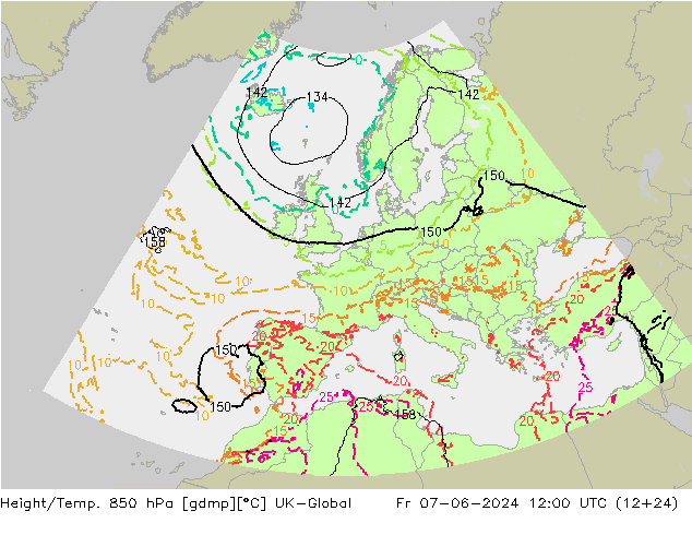 Height/Temp. 850 hPa UK-Global ven 07.06.2024 12 UTC