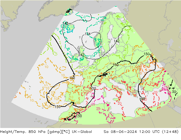 Height/Temp. 850 hPa UK-Global so. 08.06.2024 12 UTC