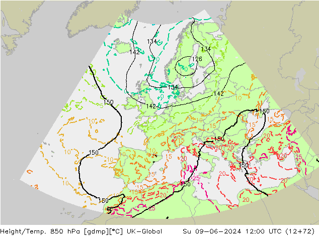 Height/Temp. 850 hPa UK-Global Su 09.06.2024 12 UTC