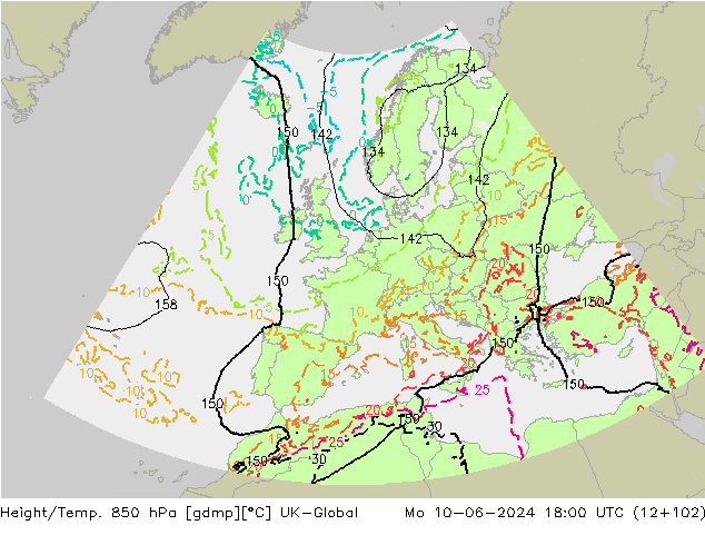 Height/Temp. 850 hPa UK-Global Mo 10.06.2024 18 UTC