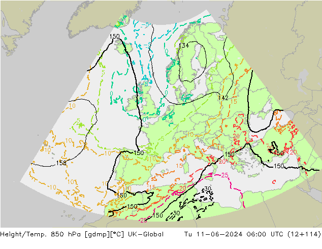 Height/Temp. 850 hPa UK-Global Tu 11.06.2024 06 UTC