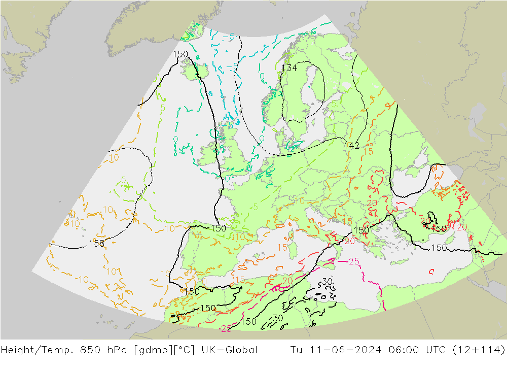 Height/Temp. 850 hPa UK-Global Út 11.06.2024 06 UTC