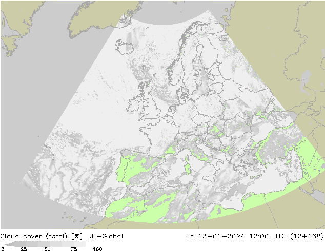 Cloud cover (total) UK-Global Th 13.06.2024 12 UTC