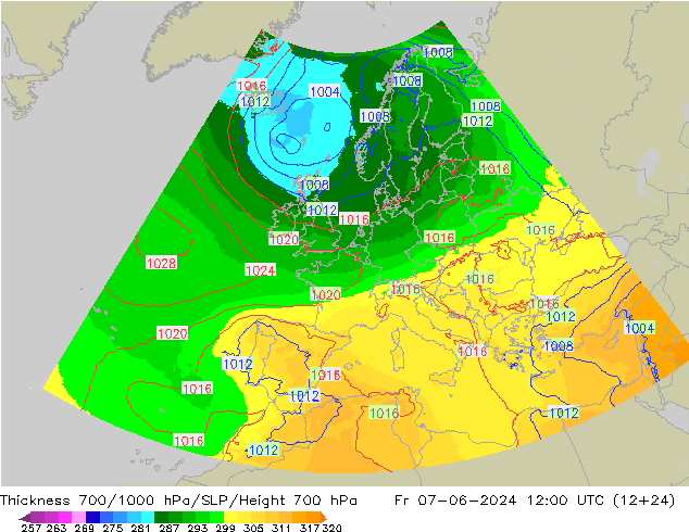 700-1000 hPa Kalınlığı UK-Global Cu 07.06.2024 12 UTC