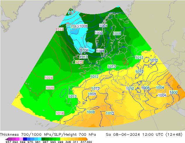 Thck 700-1000 hPa UK-Global  08.06.2024 12 UTC