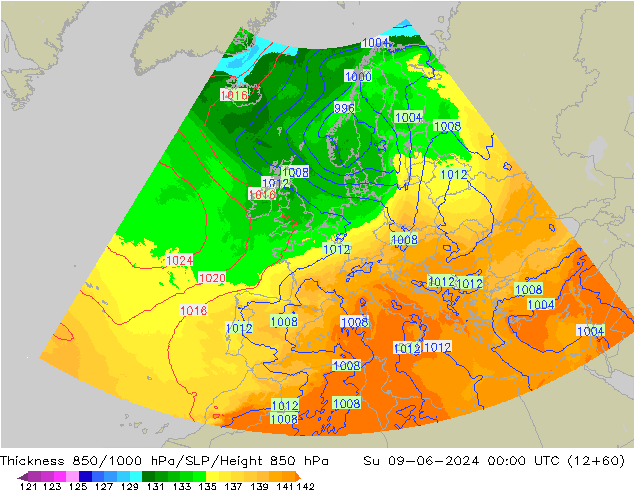 850-1000 hPa Kalınlığı UK-Global Paz 09.06.2024 00 UTC