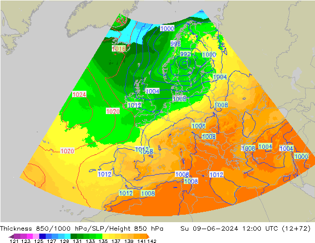 Schichtdicke 850-1000 hPa UK-Global So 09.06.2024 12 UTC