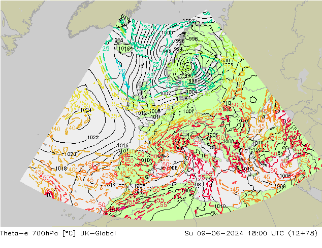 Theta-e 700hPa UK-Global Paz 09.06.2024 18 UTC