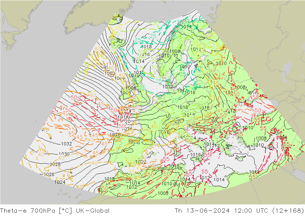 Theta-e 700hPa UK-Global Th 13.06.2024 12 UTC