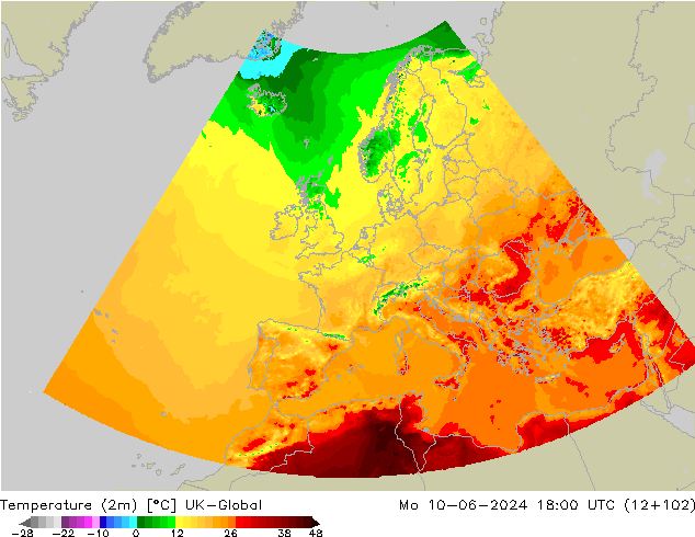 Temperatuurkaart (2m) UK-Global ma 10.06.2024 18 UTC