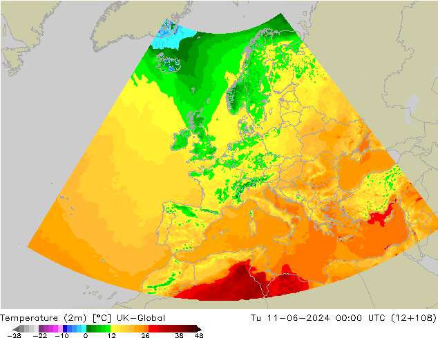 Sıcaklık Haritası (2m) UK-Global Sa 11.06.2024 00 UTC