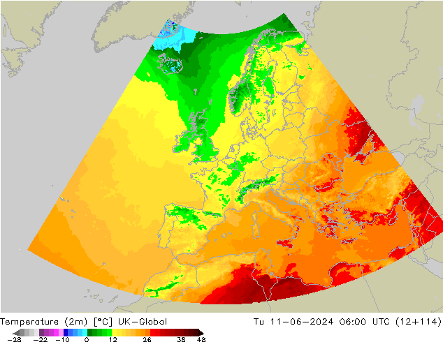 Temperature (2m) UK-Global Tu 11.06.2024 06 UTC