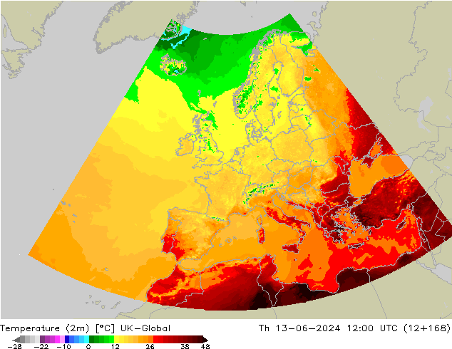 Temperatuurkaart (2m) UK-Global do 13.06.2024 12 UTC