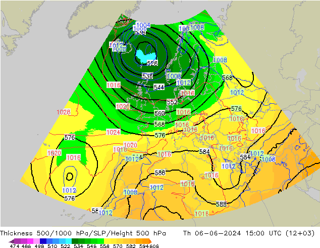 Espesor 500-1000 hPa UK-Global jue 06.06.2024 15 UTC