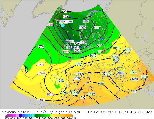 Thck 500-1000hPa UK-Global Sa 08.06.2024 12 UTC