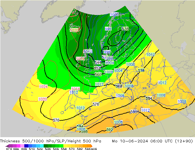 Dikte 500-1000hPa UK-Global ma 10.06.2024 06 UTC