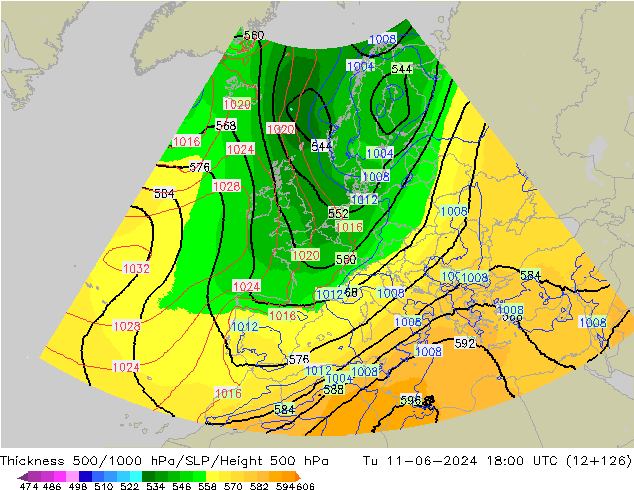 Espesor 500-1000 hPa UK-Global mar 11.06.2024 18 UTC